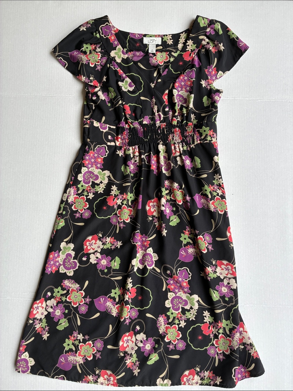 LOFT Black Floral Smocked-Waist Dress with Purple and Green Blooms